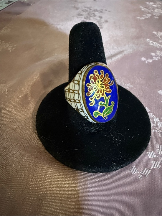 Jewelry - Cloisonné Blue Floral Statement Ring - Women Jewelry